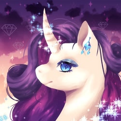 Size: 1024x1024 | Tagged: safe, artist:brot-art, rarity, pony, unicorn, curved horn, cute, ear piercing, earring, eyeshadow, female, glowing, glowing horn, horn, jewelry, lineless, magic, makeup, mare, piercing, raribetes, solo, sparkles