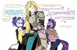 Size: 2043x1333 | Tagged: safe, artist:redxbacon, rarity, twilight sparkle, oc, oc:candid, horse, unicorn, anthro, g4, armor, blonde mane, book, chestplate, clothes, denim, dialogue, ear piercing, earring, facial markings, facial scar, female, hair bun, jeans, jewelry, leonine tail, mare, nervous, pants, piercing, scar, simple background, speech bubble, tail, text, trio, unicorn twilight, white background