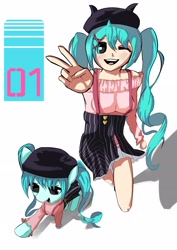 Size: 2480x3508 | Tagged: safe, artist:solid shrimp, kotobukiya, earth pony, human, pony, anime, clothes, cute, dress, duo, duo female, female, hatsune miku, high res, human ponidox, mare, self paradox, self ponidox, shirt, simple background, skirt, vocaloid, white background