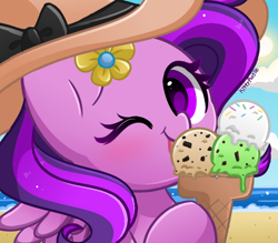 Size: 800x700 | Tagged: safe, artist:kittyrosie, oc, oc only, pegasus, pony, beach, commission, eating, food, hat, ice cream, ice cream cone, one eye closed, pegasus oc, solo