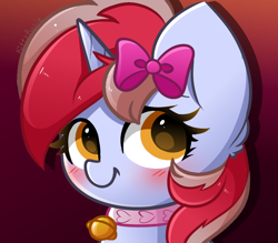 Size: 800x700 | Tagged: safe, artist:kittyrosie, oc, oc only, pony, unicorn, bell, bell collar, blushing, bow, bust, collar, commission, gradient background, hair bow, horn, simple background, solo, unicorn oc