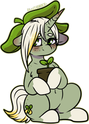 Size: 1281x1784 | Tagged: safe, artist:sexygoatgod, oc, oc only, oc:valley lily, pony, unicorn, adoptable, auction, blushing, female, floppy ears, hat, looking away, plant, shy, simple background, solo, transparent background