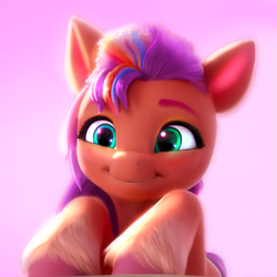 Size: 1653x1653 | Tagged: safe, edit, edited screencap, editor:xbi, screencap, sunny starscout, earth pony, pony, g5, coat markings, cute, depth of field, female, gradient background, gradient hooves, green eyes, hoof fluff, lighting, looking forward, mare, pink background, shading, simple background, smiling, socks (coat markings), solo, sunnybetes, unshorn fetlocks, weapons-grade cute