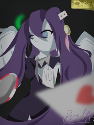 Size: 768x1024 | Tagged: safe, artist:bridge, artist:bridge ngm, oc, oc only, pegasus, semi-anthro, :i, autograph, blue eyes, bowtie, casino, clothes, dealer, eye clipping through hair, eyebrows, grayscale, long hair, long mane, monochrome, paper, solo, spread wings, standing, wings