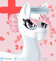 Size: 2000x2178 | Tagged: safe, artist:pendisplay, nurse redheart, earth pony, pony, g4, bandage, cute, ear fluff, female, hat, high res, looking at you, mouth hold, nurse, nurse hat, pink hair, solo