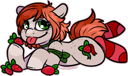 Size: 1756x1044 | Tagged: safe, artist:sexygoatgod, oc, oc only, oc:strawberry ribbons, earth pony, pony, :p, adoptable, auction, clothes, female, food, herbivore, ribbon, simple background, smiling, socks, solo, stockings, strawberry, striped socks, thigh highs, tongue out, transparent background