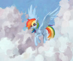 Size: 1250x1052 | Tagged: safe, artist:koviry, rainbow dash, pegasus, pony, cloud, female, flying, looking down, mare, redraw, solo