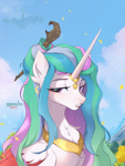 Size: 2400x3200 | Tagged: safe, artist:spoosha, princess celestia, alicorn, pony, alternate hairstyle, chest fluff, cloud, colored wings, female, high res, horn, horn ring, jewelry, mare, regalia, ring, sky, solo, wings