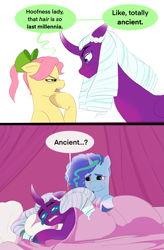 Size: 1779x2717 | Tagged: safe, artist:aztrial, misty brightdawn, opaline arcana, posey bloom, alicorn, earth pony, pony, unicorn, g5, spoiler:g5, 2 panel comic, bed, blanket, bow, burn, comforting, comic, cornrows, crying, curved horn, cute, destroyed, dialogue, female, freckles, hair bow, horn, insult, mare, markings, mean, pillow, ponytail, raised hoof, roasted, sad, sadorable, savage, sweat, sweatdrop, trio, unshorn fetlocks