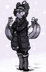 Size: 2159x3360 | Tagged: safe, artist:replica, oc, oc only, oc:nolegs, bat pony, anthro, unguligrade anthro, bat pony oc, bat wings, beanie, boots, clothes, coffee, coffee cup, cup, female, hat, looking at you, monochrome, pants, shoes, snow, snowfall, solo, sweater, wing hands, wings