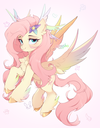 Size: 1870x2400 | Tagged: safe, artist:spoosha, fluttershy, pegasus, pony, g4, cute, flower, flower in hair, fluffy, high res, leg fluff, multiple wings, shyabetes, solo, wings