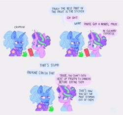 Size: 4096x3811 | Tagged: safe, artist:pastacrylic, starlight glimmer, trixie, pony, unicorn, g4, apple, cellphone, chest fluff, clothes, comic, dialogue, food, hoodie, phone, shirt