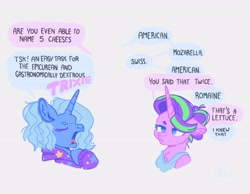 Size: 4096x3186 | Tagged: safe, artist:pastacrylic, starlight glimmer, trixie, pony, unicorn, g4, chest fluff, clothes, dialogue, hoodie, shirt