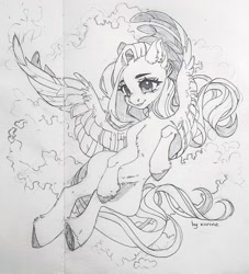 Size: 1160x1280 | Tagged: safe, artist:eiirine, fluttershy, pegasus, pony, g4, female, grayscale, grin, mare, monochrome, pencil drawing, smiling, solo, spread wings, traditional art, wings, wip