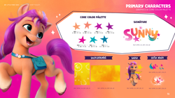 Size: 3520x1980 | Tagged: safe, sunny starscout, earth pony, pony, g5, my little pony 2022 | core brand asset toolkit, official, bag, behind the scenes, color palette, cutie mark, female, mane stripe sunny, mare, multicolored hair, open mouth, rainbow hair, raised hoof, raised leg, reference sheet, saddle bag, slender, solo, thin