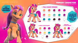 Size: 3536x1980 | Tagged: safe, sunny starscout, earth pony, pony, g5, my little pony 2022 | core brand asset toolkit, official, behind the scenes, color palette, female, mane stripe sunny, mare, multicolored hair, open mouth, open smile, rainbow hair, rearing, reference sheet, smiling, solo, style comparison, unshorn fetlocks