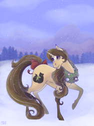 Size: 1500x2000 | Tagged: safe, artist:hololynx, oc, oc only, oc:aithne, pony, unicorn, blaze (coat marking), bow, coat markings, facial markings, forest, snow, snowfall, solo, tail, tail bow