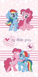 Size: 500x1000 | Tagged: safe, pinkie pie, rainbow dash, earth pony, pegasus, pony, g4, duo, female, grin, heart, hug, mare, sitting, smiling, spread wings, wings, wrong eye color
