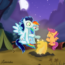 Size: 1300x1300 | Tagged: safe, artist:mlplary6, rainbow dash, scootaloo, soarin', pegasus, pony, g4, boyfriend and girlfriend, campfire, camping, cute, cutealoo, eating, eyes closed, female, filly, foal, food, forest, holding, male, mare, marshmallow, moon, mountain, night, scootalove, ship:soarindash, shipping, siblings, sisters, sitting, smiling, stallion, stick, straight, tent, trio