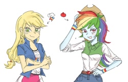 Size: 1688x1080 | Tagged: dead source, safe, artist:rbap, applejack, rainbow dash, human, equestria girls, g4, accessory swap, clothes, clothes swap, duo, duo female, eyebrows, eyebrows visible through hair, female, hand on hip, lesbian, looking at you, open mouth, open smile, rolled up sleeves, ship:appledash, shipping, short sleeves, simple background, slender, smiling, smiling at you, smirk, thin, white background, wristband