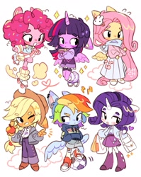 Size: 1535x1933 | Tagged: safe, artist:sharpycharot, applejack, fluttershy, lightning bolt, pinkie pie, rainbow dash, rarity, twilight sparkle, white lightning, alicorn, earth pony, pegasus, unicorn, anthro, plantigrade anthro, g4, apple, applejack's hat, armband, bag, blush lines, blush sticker, blushing, book, boots, button-up shirt, chibi, closed mouth, clothes, cloud, colored eartips, colored eyelashes, cowboy hat, cute, dashabetes, denim, diapinkes, ear piercing, earring, ears back, eyebrows, eyeshadow, female, floating, food, football, freckles, frown, grin, group, hairclip, hat, heart, hoodie, jackabetes, jacket, jeans, jewelry, leg warmers, lidded eyes, long hair, long skirt, looking at someone, looking at you, makeup, mane six, mare, mismatched eyebrows, motion lines, one eye closed, open mouth, pants, piercing, pleated skirt, purse, raised eyebrow, raribetes, roller skates, scarf, sextet, shirt, shoes, shopping bag, shorts, shyabetes, simple background, skates, skirt, smiling, sneakers, socks, sparkles, sports, spread wings, sprinkles, sprinkles in hair, standing, striped leg warmers, sweat, sweatdrop, sweatdrops, sweater, t-shirt, twiabetes, twilight sparkle (alicorn), white background, wings, wink