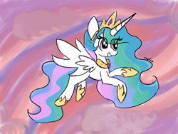 Size: 1024x768 | Tagged: safe, artist:tinytayla, princess celestia, alicorn, pony, g4, cloud, concave belly, crown, cute, cutelestia, ethereal mane, ethereal tail, eye clipping through hair, flying, hoof shoes, horn, jewelry, long horn, long mane, long tail, peytral, princess shoes, regalia, signature, sky, solo, spread wings, sunset, tail, wings