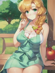 Size: 512x683 | Tagged: safe, editor:sammykun, machine learning assisted, novelai, stable diffusion, pear butter, human, anime style, apple, apron, bench, big breasts, bow, braid, breasts, busty pear butter, clothes, cute, female, food, grass, grass field, hair bow, humanized, milf, mommy, outdoors, pearabetes, sitting, solo, thighs, tree