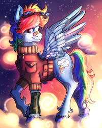 Size: 2388x2992 | Tagged: safe, artist:twiddletwum, rainbow dash, pegasus, pony, g4, bandaid, bandaid on nose, cheek fluff, clothes, female, goggles, goggles on head, high res, jacket, mare, smiling, solo, spread wings, sunset, unshorn fetlocks, wings
