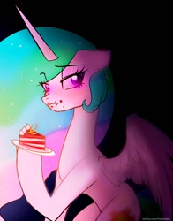 Size: 1074x1368 | Tagged: safe, artist:petaltwinkle, princess celestia, alicorn, pony, blushing, cake, cake slice, cakelestia, concave belly, dark, eating, ethereal mane, eye clipping through hair, eyebrows, eyebrows visible through hair, female, food, herbivore, long mane, looking at you, mare, messy eating, partially open wings, slim, solo, thin, wings