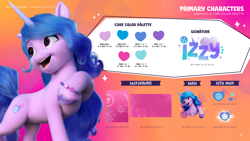 Size: 3520x1980 | Tagged: safe, izzy moonbow, pony, unicorn, g5, my little pony 2022 | core brand asset toolkit, official, behind the scenes, color palette, female, hoof on chest, mare, reference sheet, solo