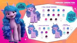 Size: 3536x1980 | Tagged: safe, izzy moonbow, pony, unicorn, g5, my little pony 2022 | core brand asset toolkit, official, behind the scenes, color palette, female, long mane, long tail, looking at you, mare, open mouth, reference sheet, solo, style comparison, tail