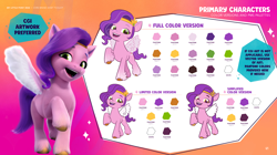 Size: 3536x1980 | Tagged: safe, pipp petals, pegasus, pony, g5, my little pony 2022 | core brand asset toolkit, official, 3d, behind the scenes, color palette, female, hoof fluff, looking at you, mare, raised hoof, reference sheet, style comparison, unshorn fetlocks, yellow-eyed pipp