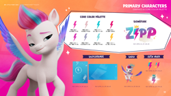 Size: 3520x1980 | Tagged: safe, zipp storm, pegasus, pony, g5, my little pony 2022 | core brand asset toolkit, official, behind the scenes, color palette, cutie mark, female, looking at you, mare, reference sheet, slender, solo, spread wings, thin, three quarter view, wings
