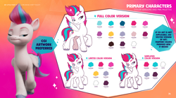 Size: 3536x1980 | Tagged: safe, zipp storm, pegasus, pony, g5, my little pony 2022 | core brand asset toolkit, official, behind the scenes, color palette, eyebrows, female, hoof fluff, hooves, lidded eyes, mare, raised eyebrow, reference sheet, slender, solo, thin, unshorn fetlocks