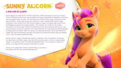 Size: 3520x1980 | Tagged: safe, sunny starscout, alicorn, earth pony, pony, g5, my little pony 2022 | core brand asset toolkit, official, 3d, artificial horn, artificial wings, augmented, behind the scenes, bio, female, horn, long mane, looking at you, magic, magic horn, magic wings, mane stripe sunny, mare, multicolored hair, race swap, rainbow hair, solo, sunnycorn, text, wings