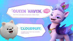 Size: 3520x1980 | Tagged: safe, cloudpuff, queen haven, dog, flying pomeranian, pegasus, pomeranian, pony, g5, my little pony 2022 | core brand asset toolkit, official, behind the scenes, colored wings, duo, duo male and female, female, folded wings, high res, looking at you, male, mare, multicolored wings, open mouth, open smile, smiling, smiling at you, text, winged dog, wings