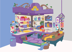 Size: 1571x1140 | Tagged: safe, izzy moonbow, g5, my little pony 2022 | core brand asset toolkit, official, basket, behind the scenes, craft, fabric, fabric roll, fishbowl, indoors, liminal space, no pony, paintbrush, rope, rug, scissors, signature, wood, yarn, yarn ball