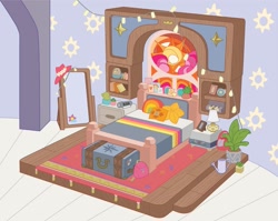 Size: 1453x1155 | Tagged: safe, sunny starscout, g5, my little pony 2022 | core brand asset toolkit, official, alarm clock, bag, bed, bedroom, behind the scenes, clock, hat, indoors, lamp, luggage, mirror, no pony, picture frame, pillow, plant, potted plant, rug, stained glass, string lights, suitcase, table lamp, watering can, wood