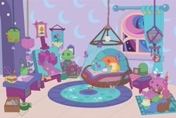 Size: 1544x1030 | Tagged: safe, izzy moonbow, g5, my little pony 2022 | core brand asset toolkit, official, bed, bedroom, behind the scenes, canvas, colored, craft, crystal brighthouse, fish bowl, flat colors, indoors, no pony, painting, pillow, rope, rug, yarn, yarn ball