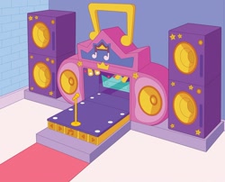 Size: 1472x1191 | Tagged: safe, g5, my little pony 2022 | core brand asset toolkit, official, behind the scenes, brick wall, carpet, indoors, liminal space, mane melody (location), microphone, no pony, red carpet, speaker, stage