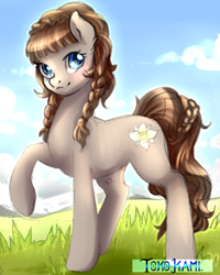 Size: 1200x1500 | Tagged: safe, artist:tokokami, oc, oc only, oc:connie bloom, earth pony, pony, austria, earth pony oc, euro bronycon, female, looking at you, mare, mascot, raised hoof, signature, smiling, smiling at you, solo