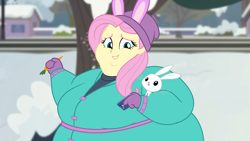 Size: 2560x1440 | Tagged: safe, artist:neongothic, angel bunny, fluttershy, human, equestria girls, bbw, belly, big belly, bingo wings, breasts, bunny ears, busty fluttershy, carrot, cellphone, chubby cheeks, clothes, coat, cute, double chin, fat, fat ass, fat boobs, fat fetish, fattershy, female, fetish, food, male, phone, smiling, snow, ssbbw