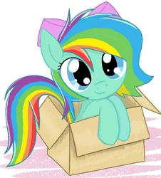 Size: 560x619 | Tagged: safe, artist:nuyadable, color edit, edit, oc, oc only, oc:emeraldbow, pegasus, pony, bow, box, cardboard box, colored, cute, female, filly, foal, hair bow, looking at you, mare, ocbetes, pegasus oc, pony in a box, simple background, smiling, smiling at you, solo, white background