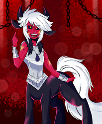 Size: 1080x1316 | Tagged: safe, artist:meyco, derpibooru exclusive, idw, lord tirek, centaur, taur, g4, my little pony: fiendship is magic, anime, armor, black sclera, chains, emo, evil smile, eye clipping through hair, fangs, grin, looking at you, muscles, pointing, slender, smiling, thin, young tirek