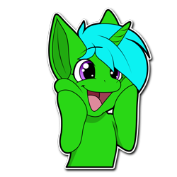 Size: 1024x1024 | Tagged: safe, artist:furrysticker, oc, oc:green byte, pony, unicorn, commission, excited, eye clipping through hair, male, open mouth, simple background, solo, stallion, sticker, transparent background, ych result
