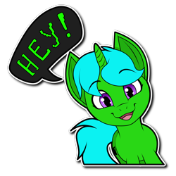 Size: 1024x1024 | Tagged: safe, artist:furrysticker, oc, oc:green byte, pony, unicorn, commission, eye clipping through hair, hey, looking at you, male, open mouth, simple background, solo, speech bubble, stallion, sticker, transparent background, ych result