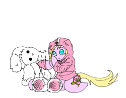 Size: 1705x1328 | Tagged: safe, artist:ponny, earth pony, pony, rabbit, animal, clothes, hoodie, hug, kneeling, plushie, simple background, solo, white background