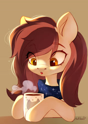Size: 2894x4093 | Tagged: safe, artist:sofiko-ko, oc, oc only, earth pony, pony, beige background, bust, clothes, drink, eye clipping through hair, eyebrows, eyebrows visible through hair, female, high res, hoof hold, looking down, mare, mug, redraw, scarf, signature, simple background, solo, steam