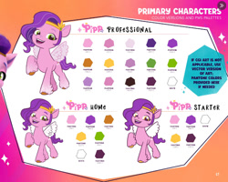 Size: 679x543 | Tagged: editor needed, safe, edit, pipp petals, pegasus, pony, g5, color palette, cropped, female, mare, raised hoof, reference sheet, style comparison, yellow eyes, yellow-eyed pipp