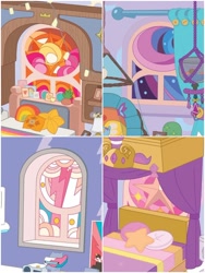 Size: 1500x1999 | Tagged: safe, edit, izzy moonbow, pipp petals, sunny starscout, zipp storm, g5, my little pony 2022 | core brand asset toolkit, bedroom, behind the scenes, cropped, crystal brighthouse, lightning, moon, no pony, stained glass, stars, sun, window